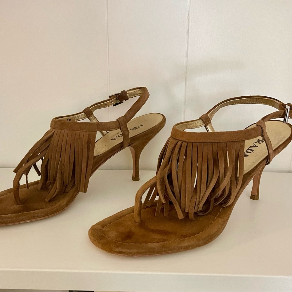 Prada Tan Fringe Heels